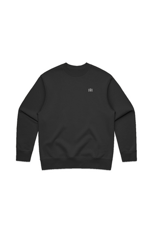 Black sweatshirt with a small white logo on a white background