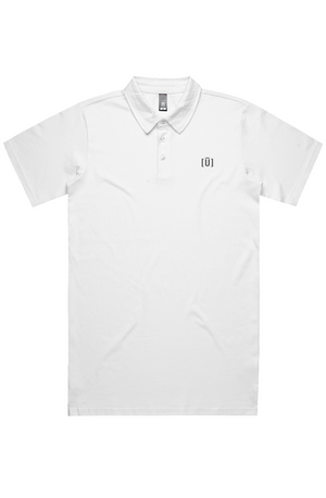 White polo shirt with a brand logo on a white background