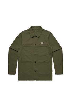 Green jacket with a small logo on a white background