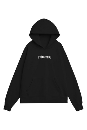 BLACK hoodie with a FIGHTER on a white background