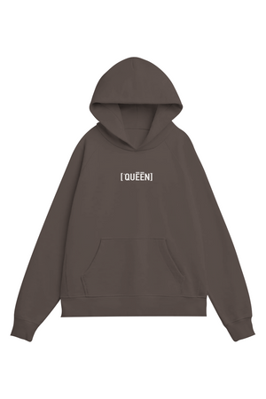 Brown hoodie with a QUEEN text on the front on a white background
