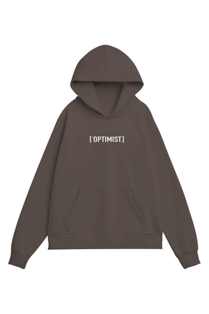 Brown hoodie with 'OPTIMIST' text on a white background