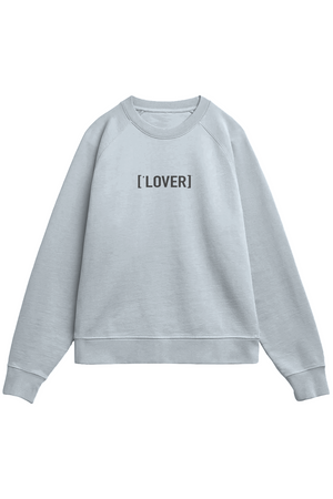 Blue sweatshirt with 'LOVER' text on a white background