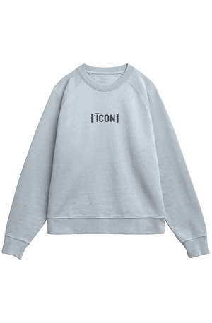 Blue sweatshirt with 'ICON' text on a white background