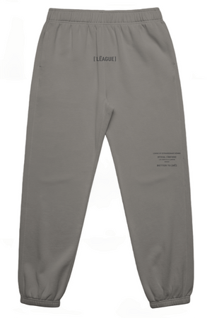 Gray sweatpants with text on a white background